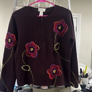 Susan Bristol Dark Brown Cardigan with Colorful Floral Embroidery